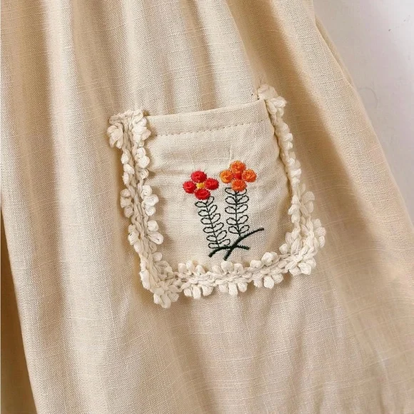 Soly Hux Toddler Girl's Floral Embroidered Cream Dress, Scoop Neck, Cap Sleeve. - Picture 5 of 6